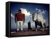 Painted Concrete Sculpture of Paul Bunyon and His Blue Ox, Babe Standing on Shores of Lake Bemidji-Andreas Feininger-Framed Stretched Canvas