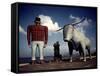 Painted Concrete Sculpture of Paul Bunyon and His Blue Ox, Babe Standing on Shores of Lake Bemidji-Andreas Feininger-Framed Stretched Canvas