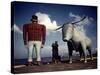 Painted Concrete Sculpture of Paul Bunyon and His Blue Ox, Babe Standing on Shores of Lake Bemidji-Andreas Feininger-Stretched Canvas