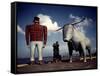 Painted Concrete Sculpture of Paul Bunyon and His Blue Ox, Babe Standing on Shores of Lake Bemidji-Andreas Feininger-Framed Stretched Canvas