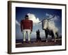 Painted Concrete Sculpture of Paul Bunyon and His Blue Ox, Babe Standing on Shores of Lake Bemidji-Andreas Feininger-Framed Photographic Print