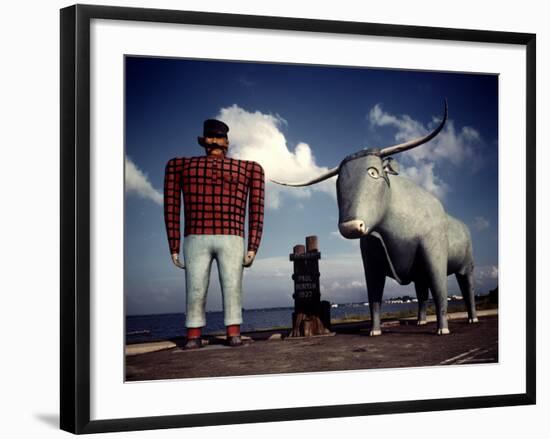 Painted Concrete Sculpture of Paul Bunyon and His Blue Ox, Babe Standing on Shores of Lake Bemidji-Andreas Feininger-Framed Photographic Print