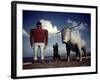 Painted Concrete Sculpture of Paul Bunyon and His Blue Ox, Babe Standing on Shores of Lake Bemidji-Andreas Feininger-Framed Photographic Print