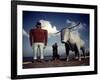 Painted Concrete Sculpture of Paul Bunyon and His Blue Ox, Babe Standing on Shores of Lake Bemidji-Andreas Feininger-Framed Photographic Print