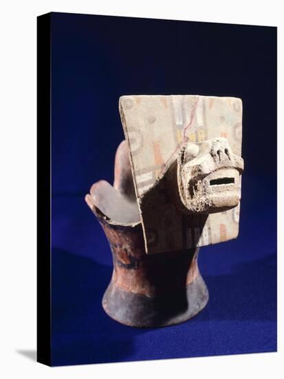 Painted Incense Burner Adorned with a Cat's Head, Artifact Originating from Tiahuanaco-null-Stretched Canvas
