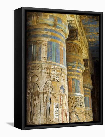 Painted Sunken Relief Carving Adorns Columns in the Mortuary Temple of Ramses Iii on the West Bank -Julian Love-Framed Stretched Canvas