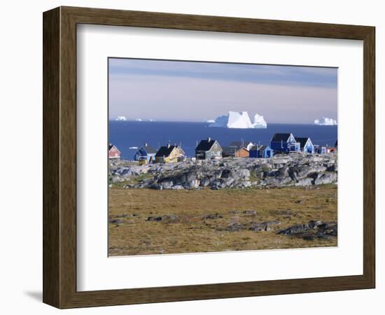 Painted Village Houses in Front of Icebergs in Disko Bay, West Coast, Greenland-Anthony Waltham-Framed Photographic Print