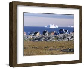 Painted Village Houses in Front of Icebergs in Disko Bay, West Coast, Greenland-Anthony Waltham-Framed Photographic Print