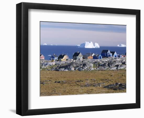 Painted Village Houses in Front of Icebergs in Disko Bay, West Coast, Greenland-Anthony Waltham-Framed Photographic Print