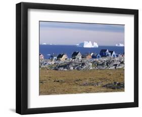 Painted Village Houses in Front of Icebergs in Disko Bay, West Coast, Greenland-Anthony Waltham-Framed Photographic Print