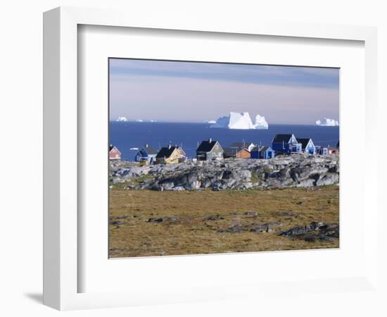 Painted Village Houses in Front of Icebergs in Disko Bay, West Coast, Greenland-Anthony Waltham-Framed Photographic Print