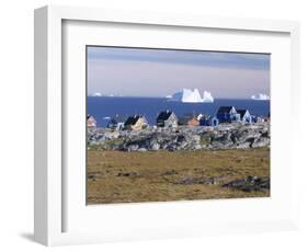 Painted Village Houses in Front of Icebergs in Disko Bay, West Coast, Greenland-Anthony Waltham-Framed Photographic Print