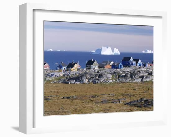 Painted Village Houses in Front of Icebergs in Disko Bay, West Coast, Greenland-Anthony Waltham-Framed Photographic Print