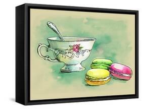 Painted Watercolor French Dessert Macaroons and a Cup of Tea-lozas-Framed Stretched Canvas