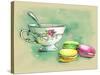 Painted Watercolor French Dessert Macaroons and a Cup of Tea-lozas-Stretched Canvas