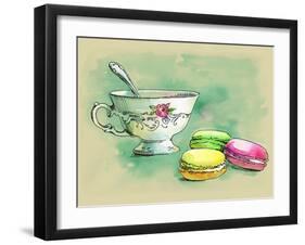 Painted Watercolor French Dessert Macaroons and a Cup of Tea-lozas-Framed Art Print