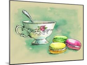 Painted Watercolor French Dessert Macaroons and a Cup of Tea-lozas-Mounted Art Print