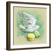 Painted Watercolor French Dessert Macaroons and Tea Cups-lozas-Framed Art Print