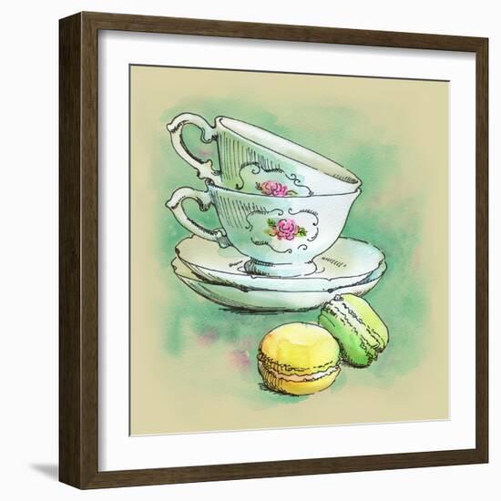 Painted Watercolor French Dessert Macaroons and Tea Cups-lozas-Framed Art Print