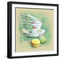 Painted Watercolor French Dessert Macaroons and Tea Cups-lozas-Framed Art Print