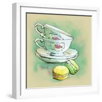 Painted Watercolor French Dessert Macaroons and Tea Cups-lozas-Framed Art Print