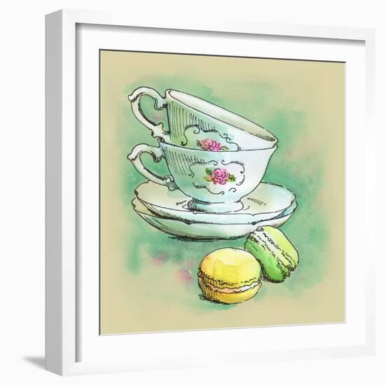 Painted Watercolor French Dessert Macaroons and Tea Cups-lozas-Framed Art Print