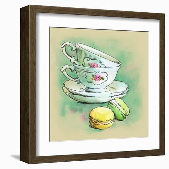 Painted Watercolor French Dessert Macaroons and Tea Cups-lozas-Framed Art Print