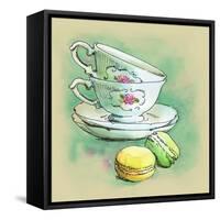 Painted Watercolor French Dessert Macaroons and Tea Cups-lozas-Framed Stretched Canvas