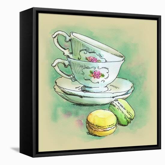 Painted Watercolor French Dessert Macaroons and Tea Cups-lozas-Framed Stretched Canvas