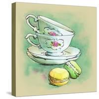 Painted Watercolor French Dessert Macaroons and Tea Cups-lozas-Stretched Canvas