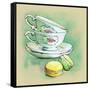 Painted Watercolor French Dessert Macaroons and Tea Cups-lozas-Framed Stretched Canvas