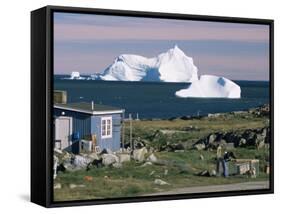 Painted Wooden Fisherman's House in Front of Icebergs in Disko Bay, Disko Island, Greenland-Tony Waltham-Framed Stretched Canvas