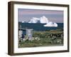 Painted Wooden Fisherman's House in Front of Icebergs in Disko Bay, Disko Island, Greenland-Tony Waltham-Framed Photographic Print