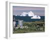 Painted Wooden Fisherman's House in Front of Icebergs in Disko Bay, Disko Island, Greenland-Tony Waltham-Framed Photographic Print