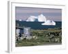 Painted Wooden Fisherman's House in Front of Icebergs in Disko Bay, Disko Island, Greenland-Tony Waltham-Framed Photographic Print