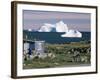 Painted Wooden Fisherman's House in Front of Icebergs in Disko Bay, Disko Island, Greenland-Tony Waltham-Framed Photographic Print