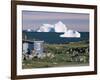 Painted Wooden Fisherman's House in Front of Icebergs in Disko Bay, Disko Island, Greenland-Tony Waltham-Framed Photographic Print