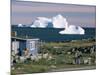 Painted Wooden Fisherman's House in Front of Icebergs in Disko Bay, Disko Island, Greenland-Tony Waltham-Mounted Photographic Print