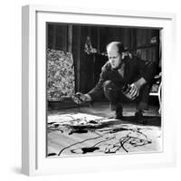 Painter Jackson Pollock Working in His Studio, Cigarette in Mouth, Dropping Paint Onto Canvas-Martha Holmes-Framed Photographic Print