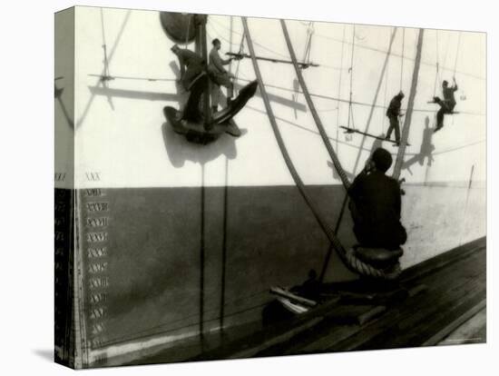 Painters Sitting on Rigging Clean and Paint Side of Ship During Spring Cleaning-J^ Kauffmann-Stretched Canvas