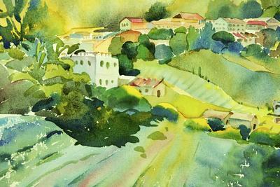 Watercolor Landscape of Village on a Hill