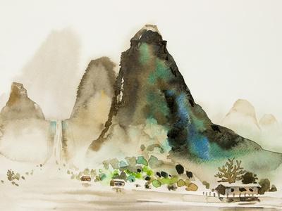 Watercolor Landscape of Village Riverside