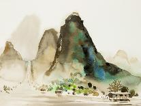 Watercolor Landscape of Village on a Hill-Painterstock-Art Print