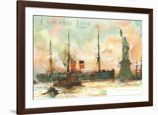 Painting, Cunard Line Ship Passing Statue of Liberty, New York City-null-Framed Premium Giclee Print