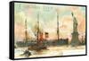 Painting, Cunard Line Ship Passing Statue of Liberty, New York City-null-Framed Stretched Canvas