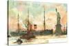 Painting, Cunard Line Ship Passing Statue of Liberty, New York City-null-Stretched Canvas