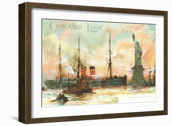 Painting, Cunard Line Ship Passing Statue of Liberty, New York City-null-Framed Art Print