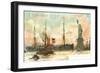 Painting, Cunard Line Ship Passing Statue of Liberty, New York City-null-Framed Art Print