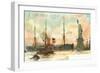Painting, Cunard Line Ship Passing Statue of Liberty, New York City-null-Framed Art Print