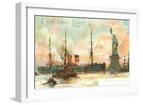 Painting, Cunard Line Ship Passing Statue of Liberty, New York City-null-Framed Art Print